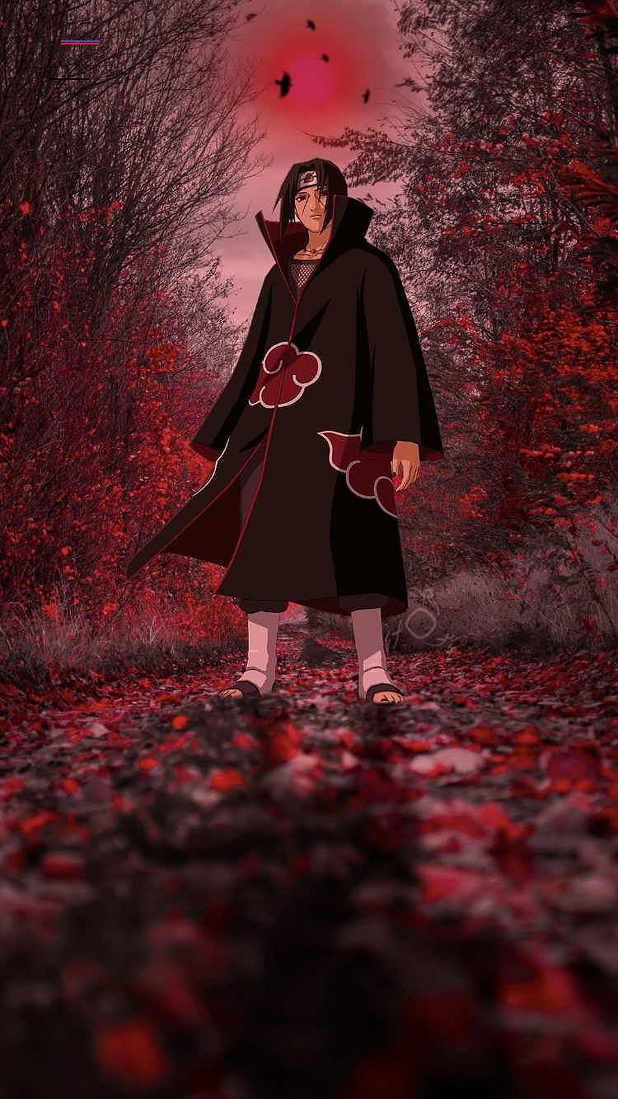Itachi Uchiha in Akatsuki Cloak Standing in Red Forest Path HD phone wallpaper