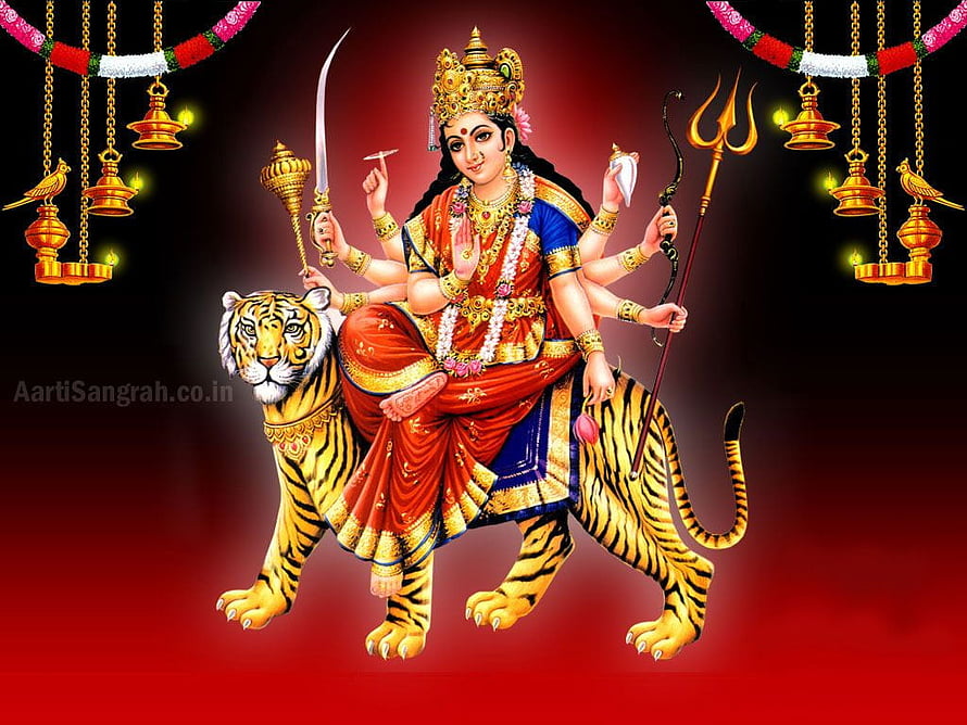 Goddess Durga Riding Tiger With Trishul And Sword On Red Background HD wallpaper