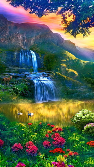 Vibrant Fantasy Landscape With Waterfall, Deer, And Swans At Sunset HD phone wallpaper