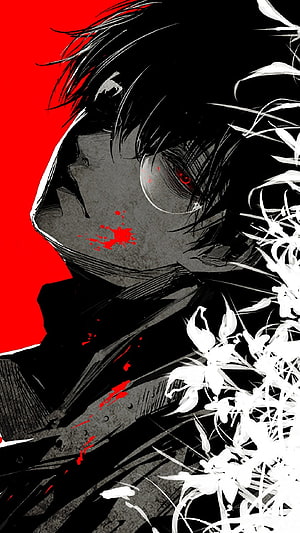 Anime Boy With Red Eye And Blood Splatter On Face Surrounded By White Spider Lilies HD phone wallpaper
