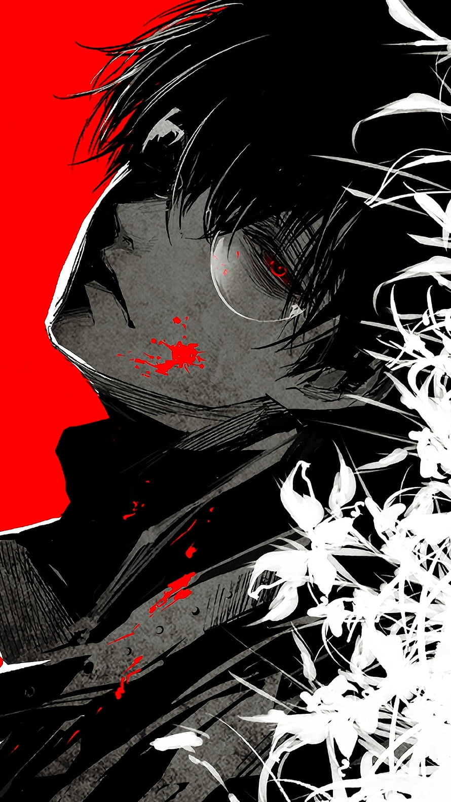 Anime Boy With Red Eye And Blood Splatter On Face Surrounded By White Spider Lilies HD phone wallpaper