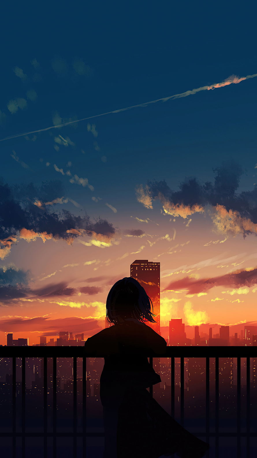 Anime Girl Silhouette Watching City Sunset From Rooftop Balcony HD phone wallpaper