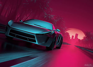 Sleek Silver Sports Car on a Neon Pink Highway at Sunset HD wallpaper