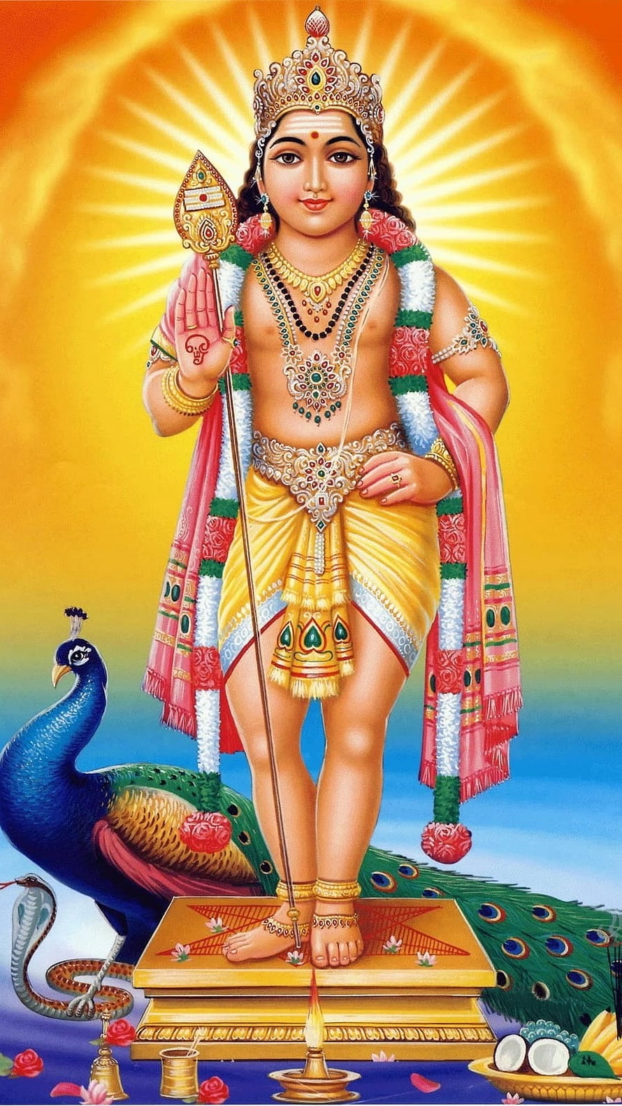 Lord Kartikeya Hindu Deity Standing With Peacock And Divine Weapons HD phone wallpaper