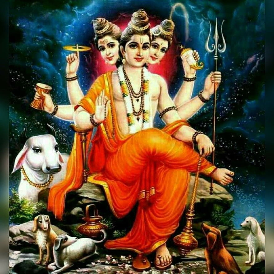 Dattatreya Hindu Deity with Three Heads and Dogs in Traditional Art HD phone wallpaper