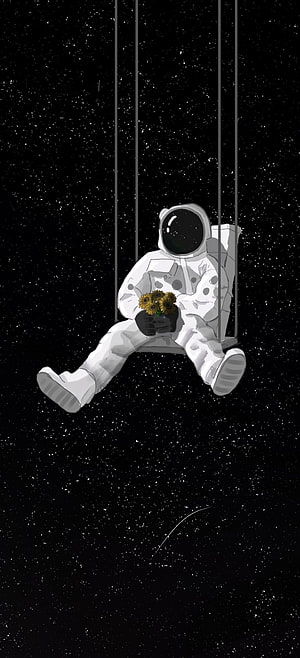 Lonely Astronaut Sitting on a Swing in Space Holding Sunflowers HD phone wallpaper