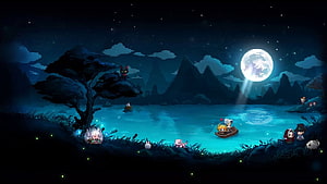 Guardian Tales Pixel Art Night Scene with Moonlit Water and Glowing Reflections HD wallpaper