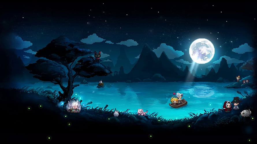 Guardian Tales Pixel Art Night Scene with Moonlit Water and Glowing Reflections HD wallpaper