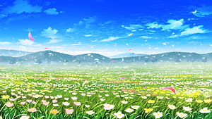 Vibrant Anime Spring Meadow with Colorful Wildflowers and Drifting Petals Under a Blue Sky HD wallpaper