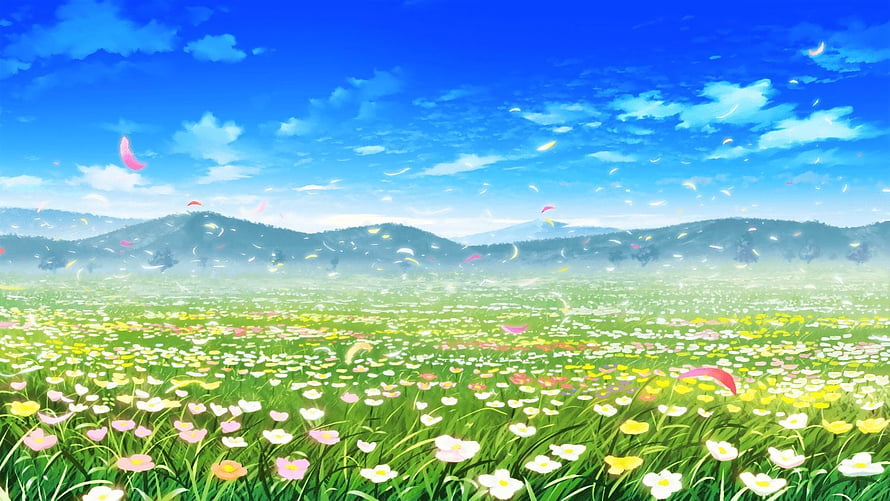 Vibrant Anime Spring Meadow with Colorful Wildflowers and Drifting Petals Under a Blue Sky HD wallpaper