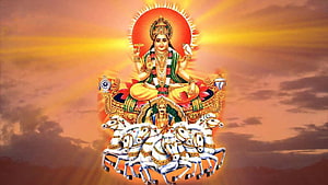 Surya Bhagwan Riding a Seven-Horse Chariot Against a Golden Sunset Sky HD wallpaper