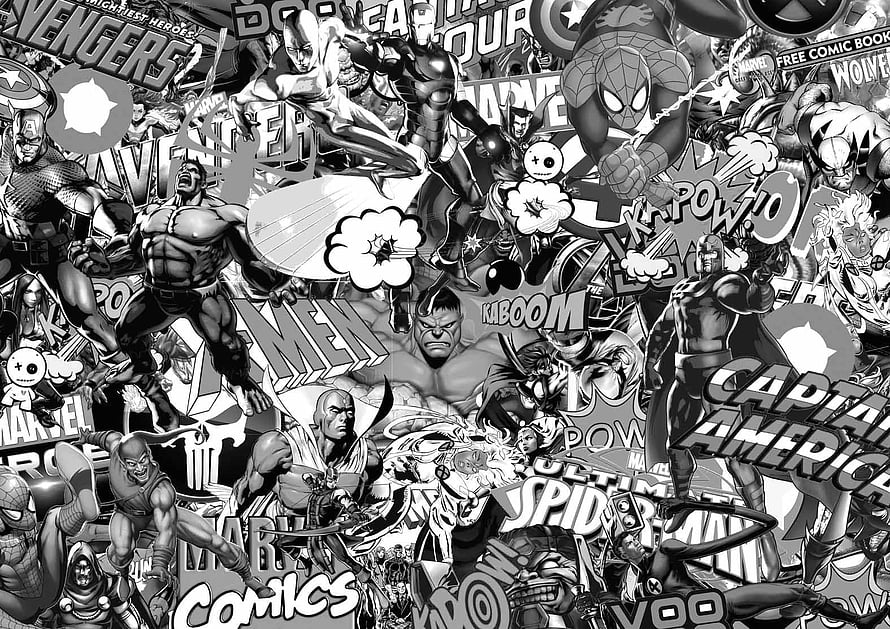 Black and White Marvel Comics Collage Featuring Avengers, Spider-Man, and X-Men Characters, Black And White Marvel - Marvel Comic Sticker Bomb HD wallpaper