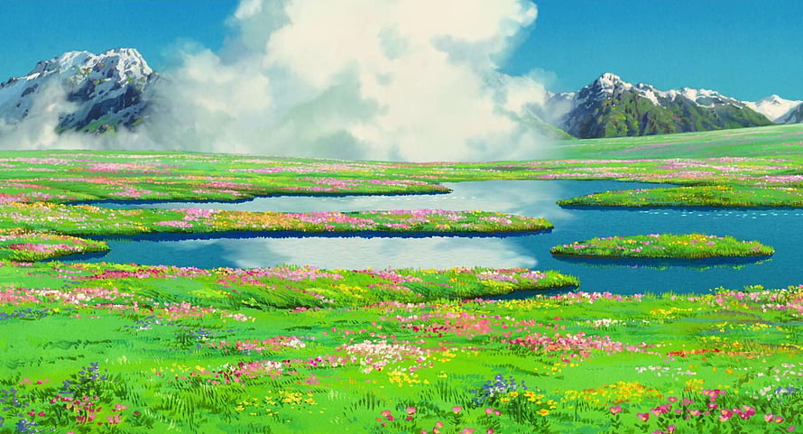 Studio Ghibli Animated Landscape with Snow-Capped Mountains and Vibrant Wildflower Meadow HD wallpaper