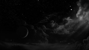 Monochrome Cosmic Night Sky with Dark Planet and Dramatic Clouds HD wallpaper