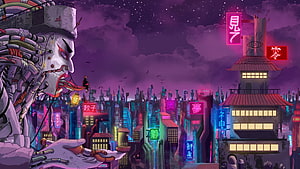 Cyberpunk Cityscape with Giant Robotic Oni Mask and Neon Signs HD wallpaper