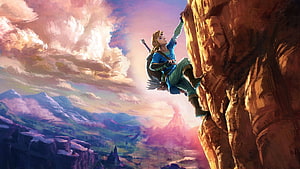 Link Climbing a Cliff in the Vast Landscape of The Legend of Zelda Breath of the Wild HD wallpaper