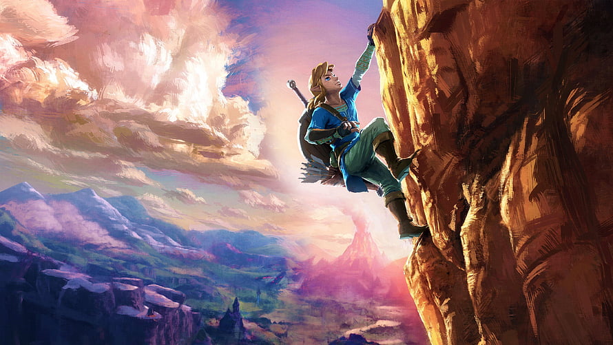 Link Climbing a Cliff in the Vast Landscape of The Legend of Zelda Breath of the Wild HD wallpaper