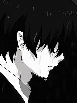 Monochrome Anime Boy Profile with Rain Droplets and Melancholic Expression HD phone wallpaper