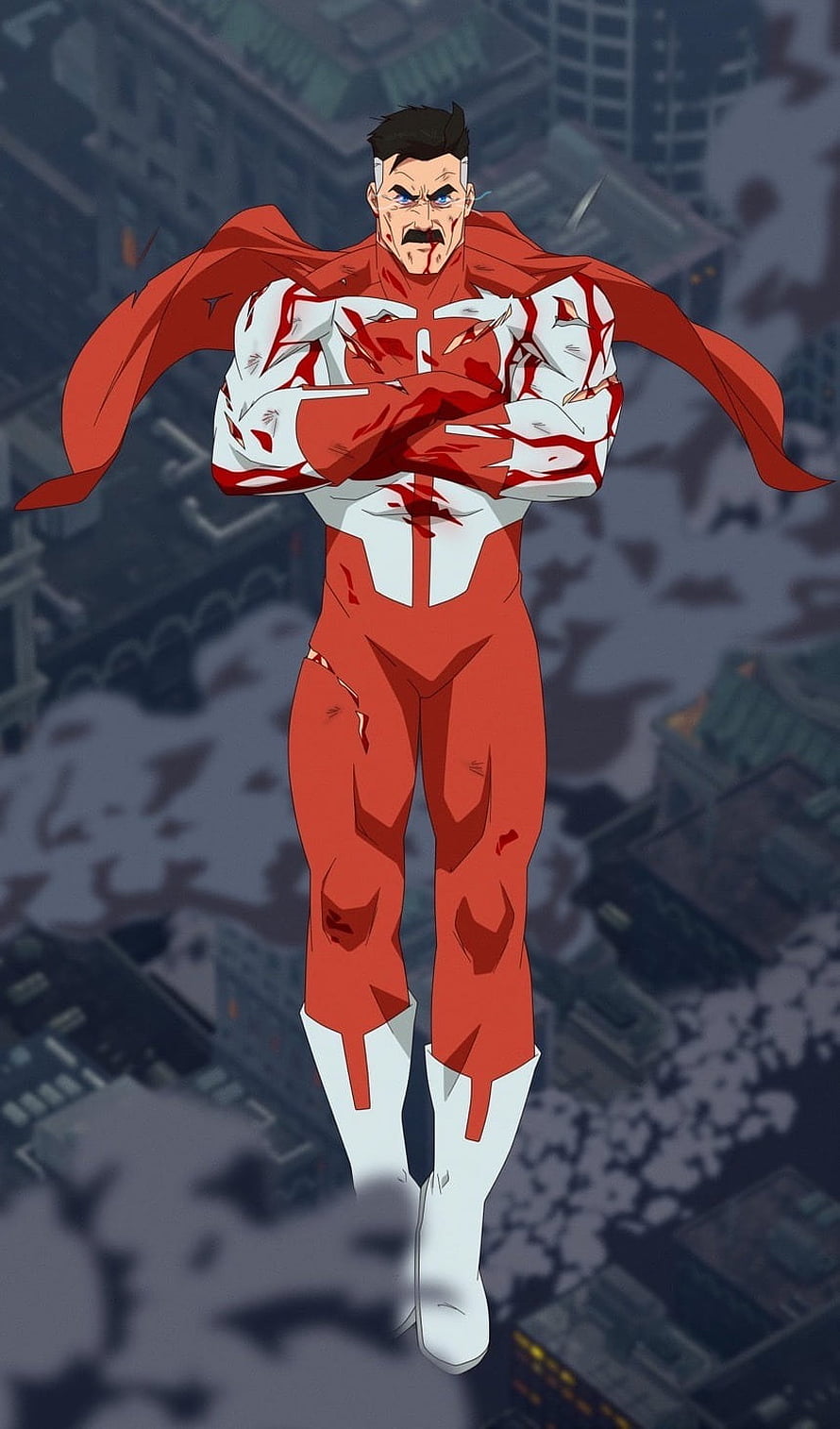Omni Man Floating Above City in Red and White Suit, All are welcome here, Omni Man HD phone wallpaper