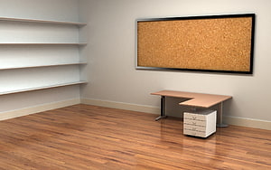 Minimalist Home Office Interior with Wooden Floor, L-Shaped Desk, and Cork Bulletin Board HD wallpaper