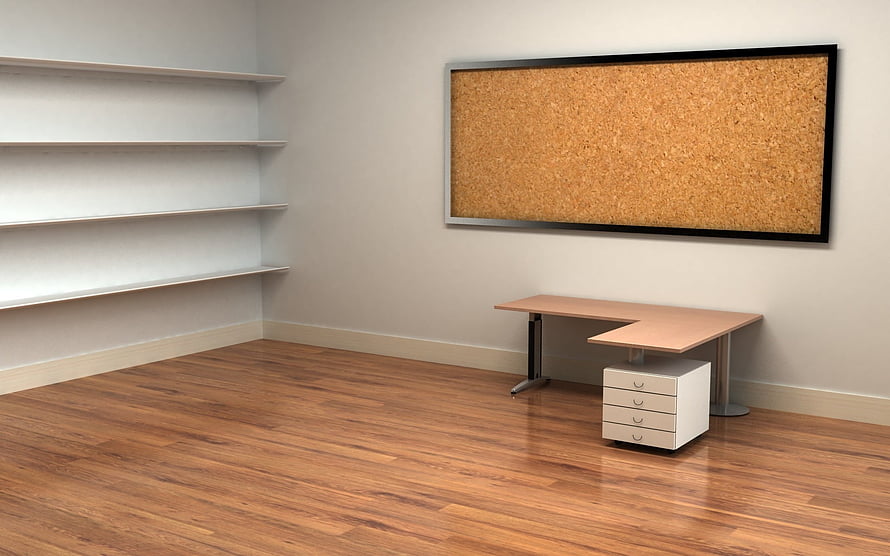Minimalist Home Office Interior with Wooden Floor, L-Shaped Desk, and Cork Bulletin Board HD wallpaper