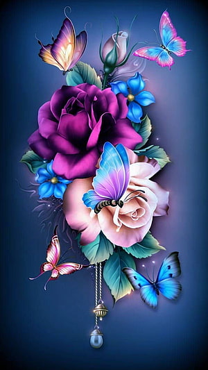 Vibrant digital art of purple and pink roses with colorful butterflies on a dark blue background HD phone wallpaper