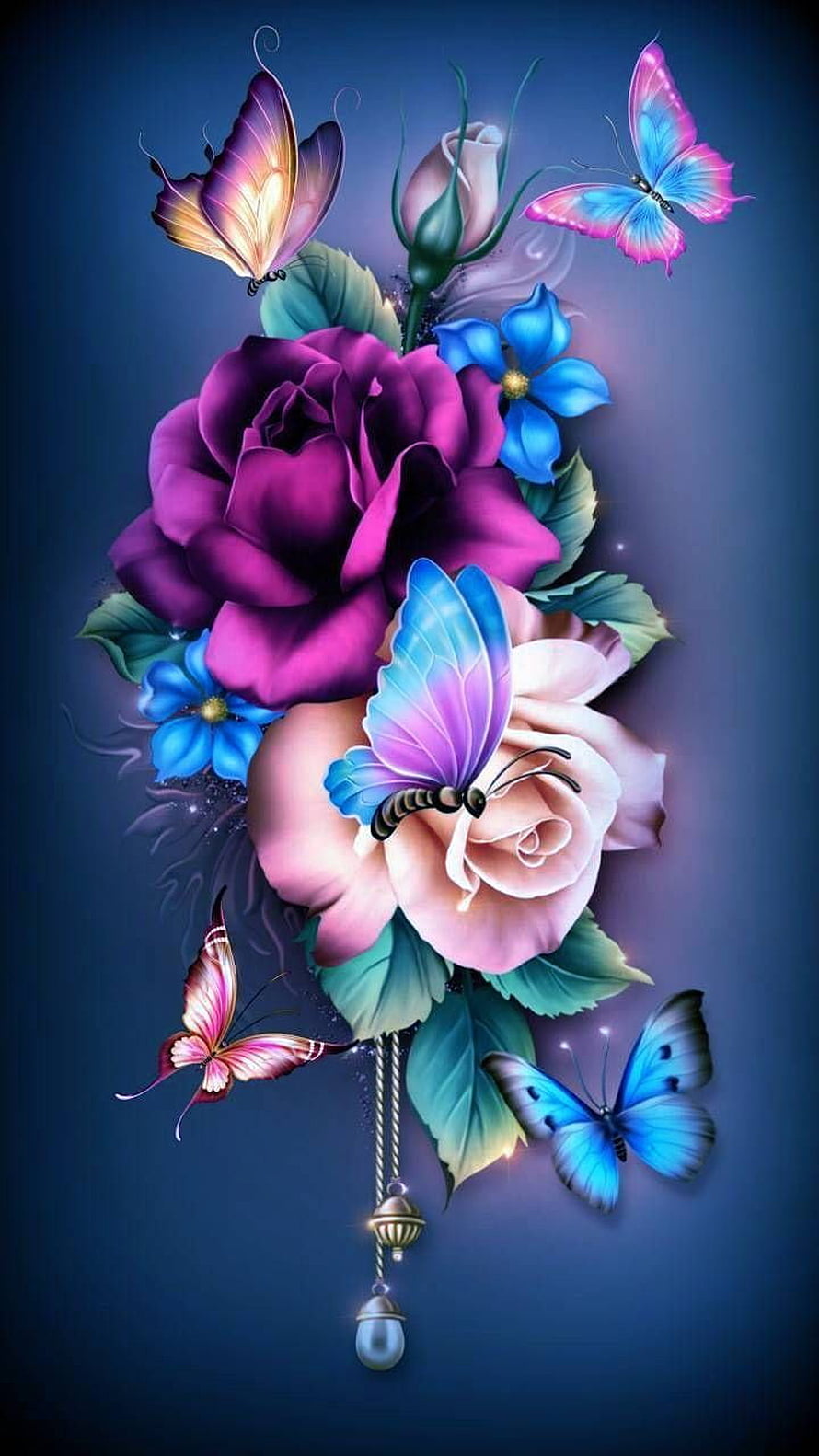 Vibrant digital art of purple and pink roses with colorful butterflies on a dark blue background HD phone wallpaper