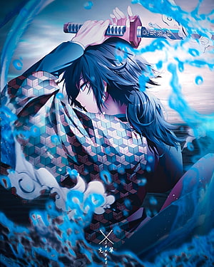 Giyu Tomioka from Demon Slayer Wielding Nichirin Sword Amidst Blue Water Splashes HD phone wallpaper