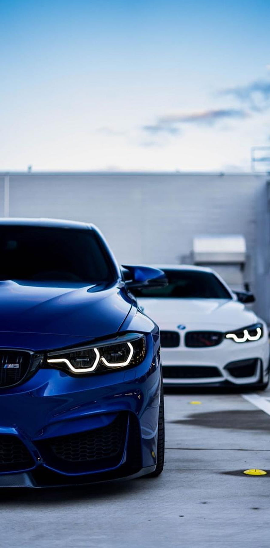 Blue and White BMW M3 Sedans Parked on Concrete Rooftop HD phone wallpaper