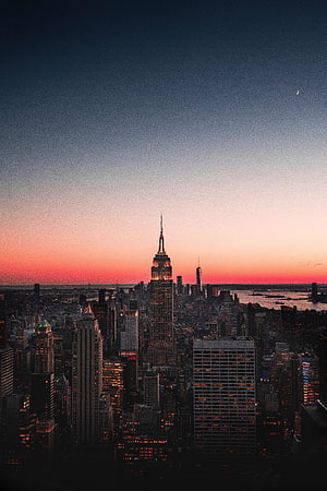 New York City Skyline at Dusk with Empire State Building and Crescent Moon HD phone wallpaper