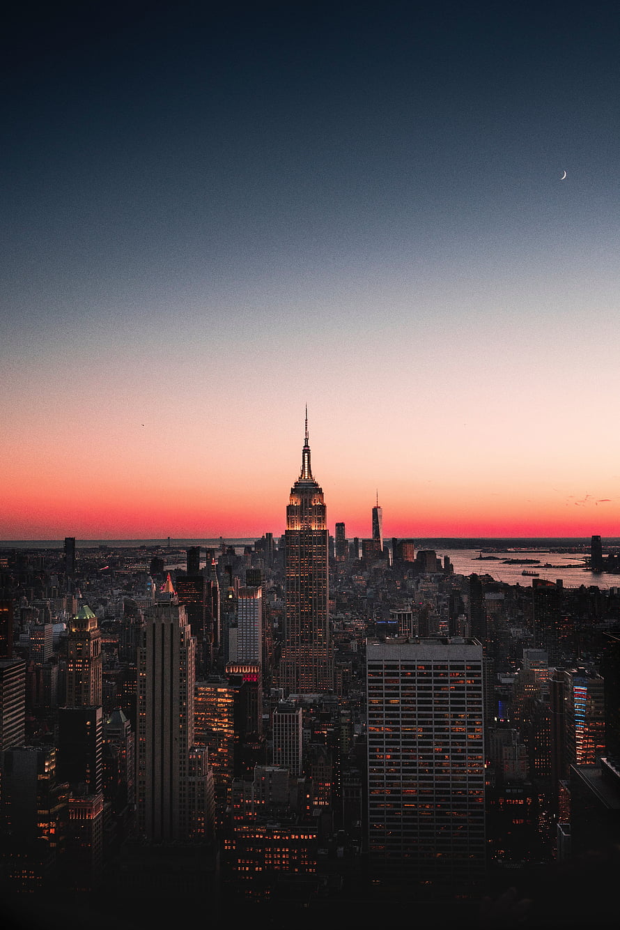 New York City Skyline at Dusk with Empire State Building and Crescent Moon HD phone wallpaper