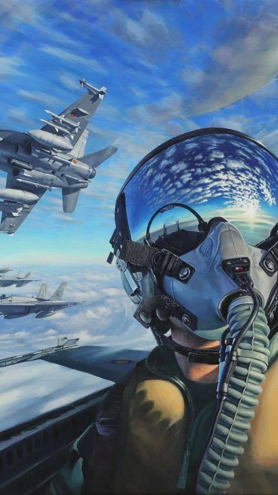 Fighter Jet Pilot in Cockpit with Squadron Formation Flying Above Clouds HD phone wallpaper