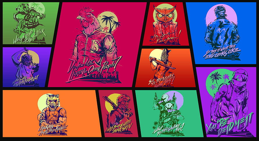 Hotline Miami 2 Wipeout Poster Collection Featuring Stylized Animal Characters and Neon Color Palette HD wallpaper