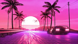 Retro Synthwave Highway Scene With Neon Grid, Palm Trees, and a Classic Sports Car at Sunset HD wallpaper