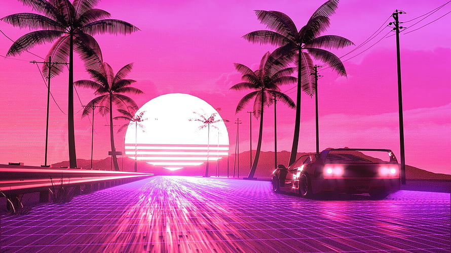 Retro Synthwave Highway Scene With Neon Grid, Palm Trees, and a Classic Sports Car at Sunset HD wallpaper