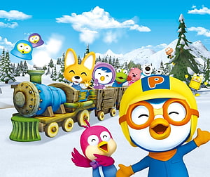 Pororo and Friends Riding a Colorful Train Through a Snowy Mountain Landscape HD wallpaper