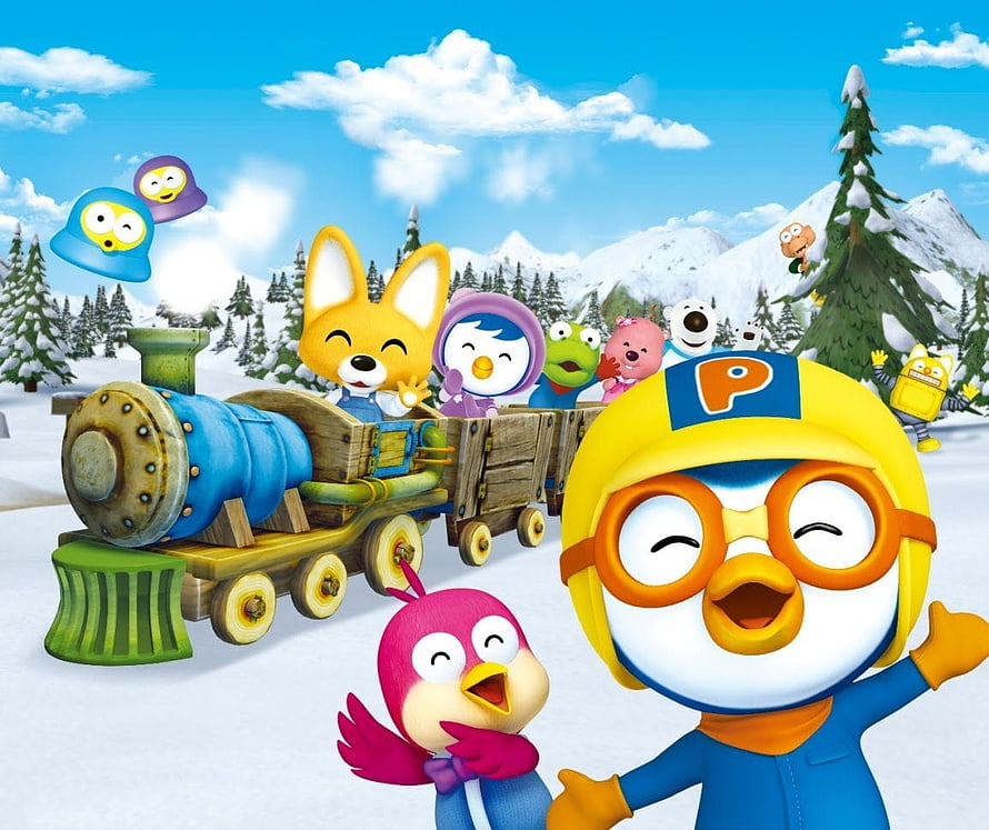 Pororo and Friends Riding a Colorful Train Through a Snowy Mountain Landscape HD wallpaper