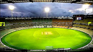 Eden Gardens Cricket Stadium Night View with Floodlights and Green Pitch HD wallpaper