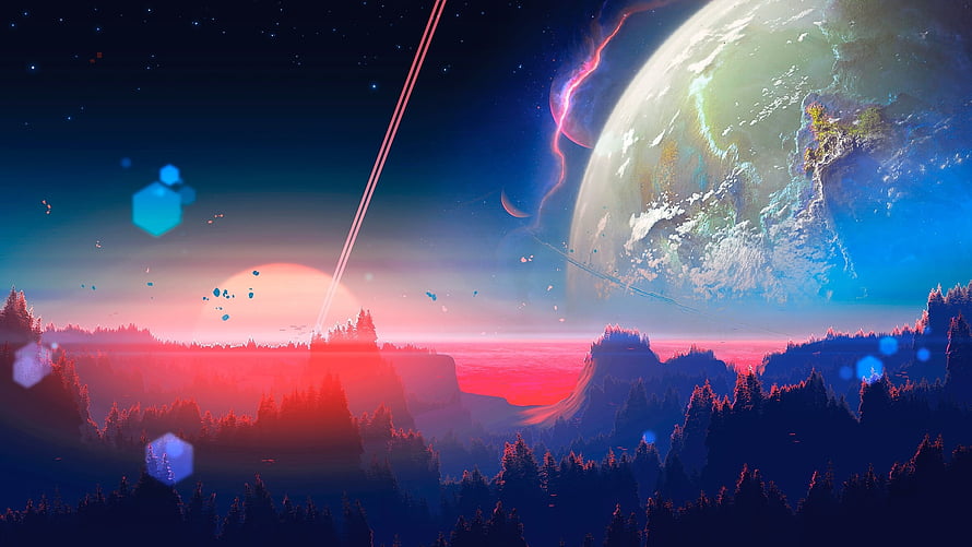 Vibrant Sci-Fi Landscape With Giant Planet And Neon Forest Silhouette HD wallpaper