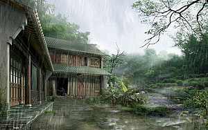 Traditional Asian House in Heavy Rain with Lush Green Forest Background HD wallpaper