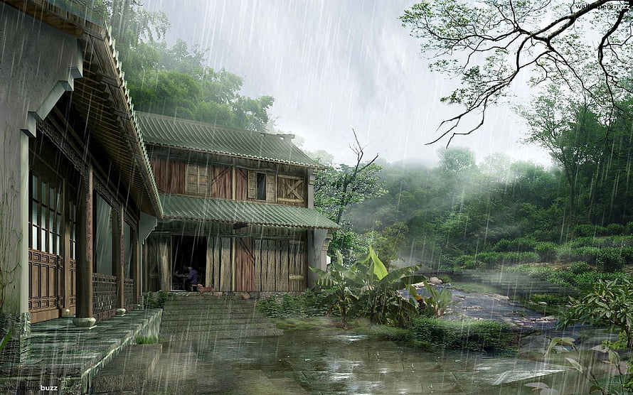 Traditional Asian House in Heavy Rain with Lush Green Forest Background HD wallpaper