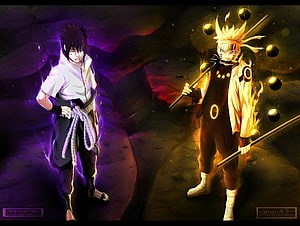 Naruto and Sasuke anime duo facing off in a dramatic cave with chakra energy HD wallpaper