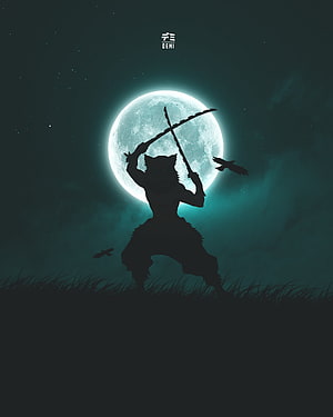 Silhouette of a wolf warrior wielding crossed swords against a glowing full moon HD phone wallpaper
