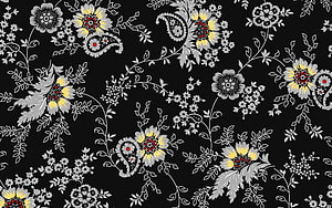 Black and White Floral Paisley Pattern with Yellow and Red Accents HD wallpaper