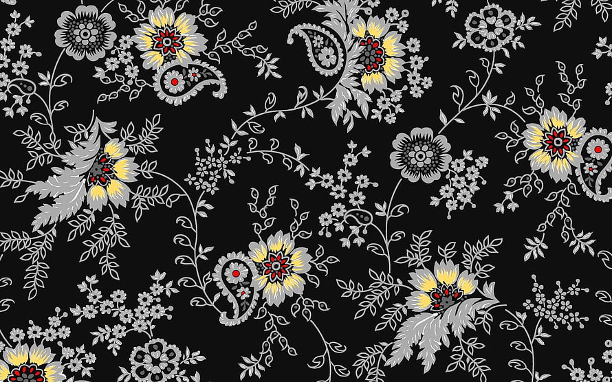 Black and White Floral Paisley Pattern with Yellow and Red Accents HD wallpaper