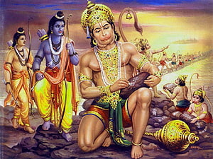 Lord Hanuman and Lord Krishna in Traditional Indian Mythological Painting, Lord Hanuman & Bajrang Bali Hanuman, Bajrang Dal HD wallpaper