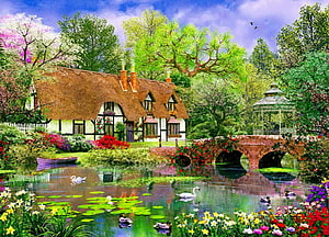 Charming Thatched Cottage Garden with Pond, Swans, and Flowering Trees in Spring HD wallpaper