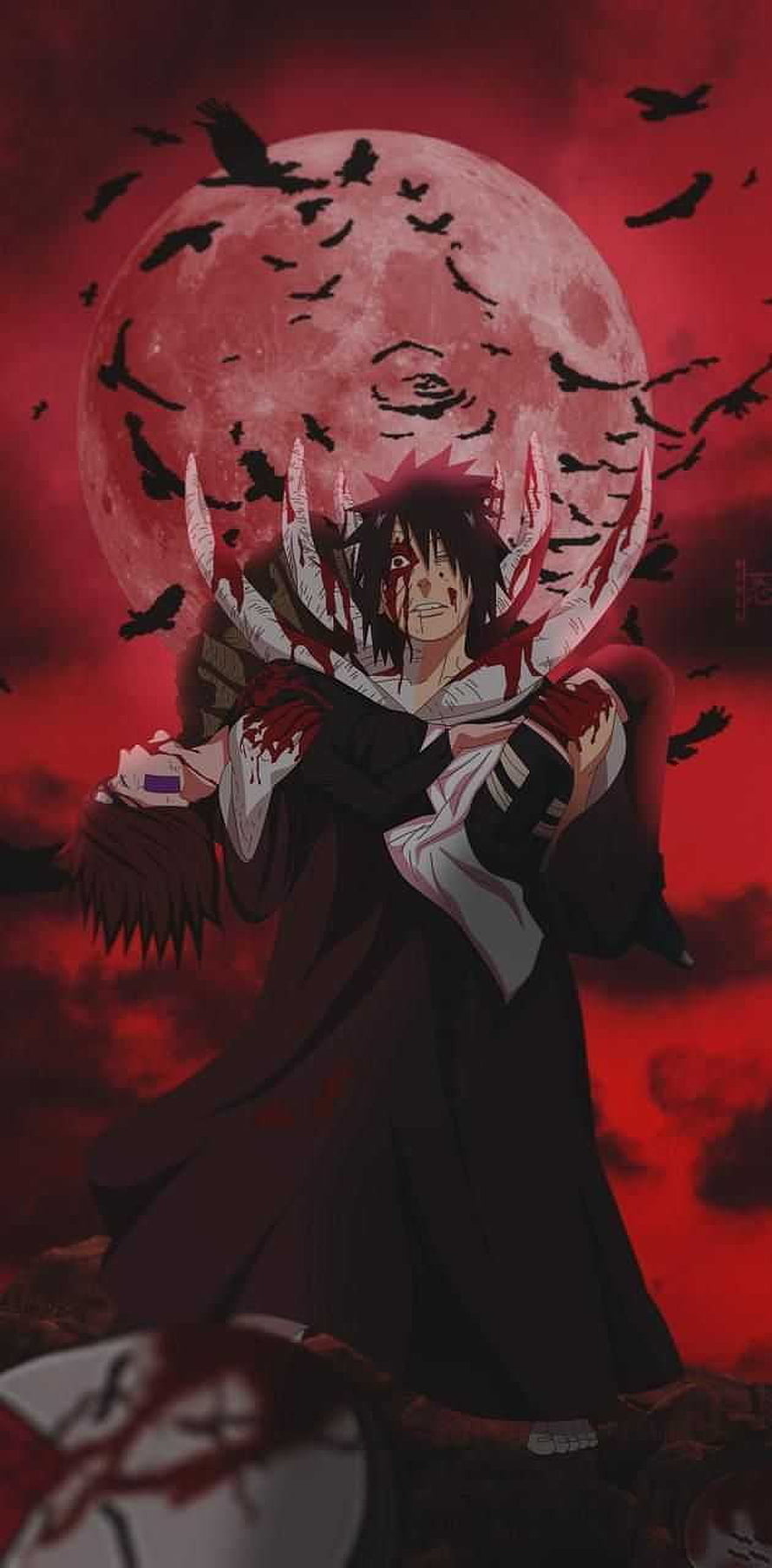 Obito Uchiha Anime Character Holding Body Under Blood Moon With Crows HD phone wallpaper