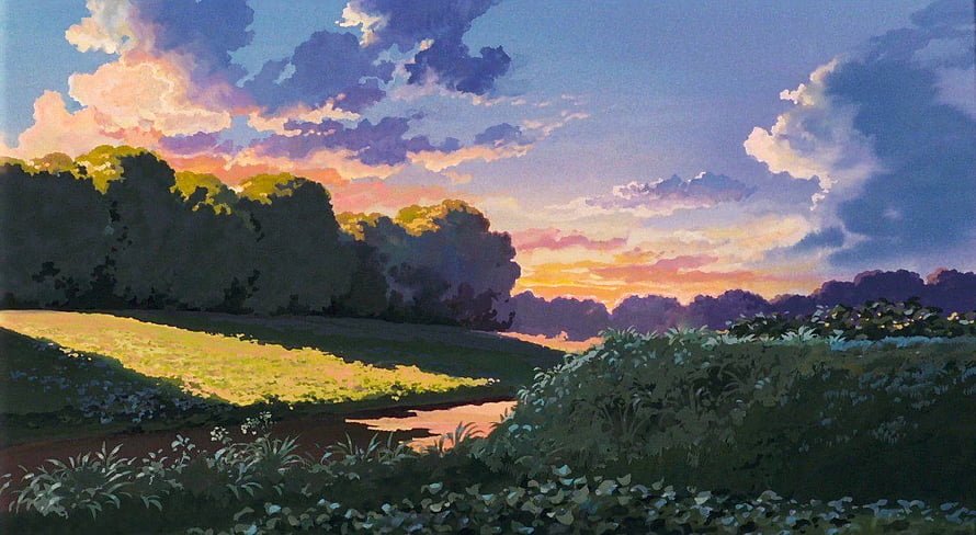 Serene Anime Countryside Landscape at Sunset with Rolling Hills and Clouds HD wallpaper