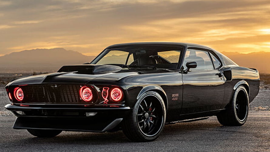 Black Ford Mustang Boss 429 SEMA Show Car with Red LED Headlights at Sunset HD wallpaper